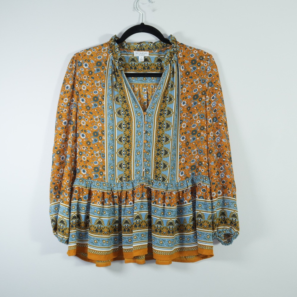 Anthropologie Current Air Floral Peplum Blouse Boho Peasant Ruffle Long Sleeve S